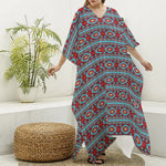 Red And Teal Southwestern Pattern Print Silk V-Neck Kaftan Dress