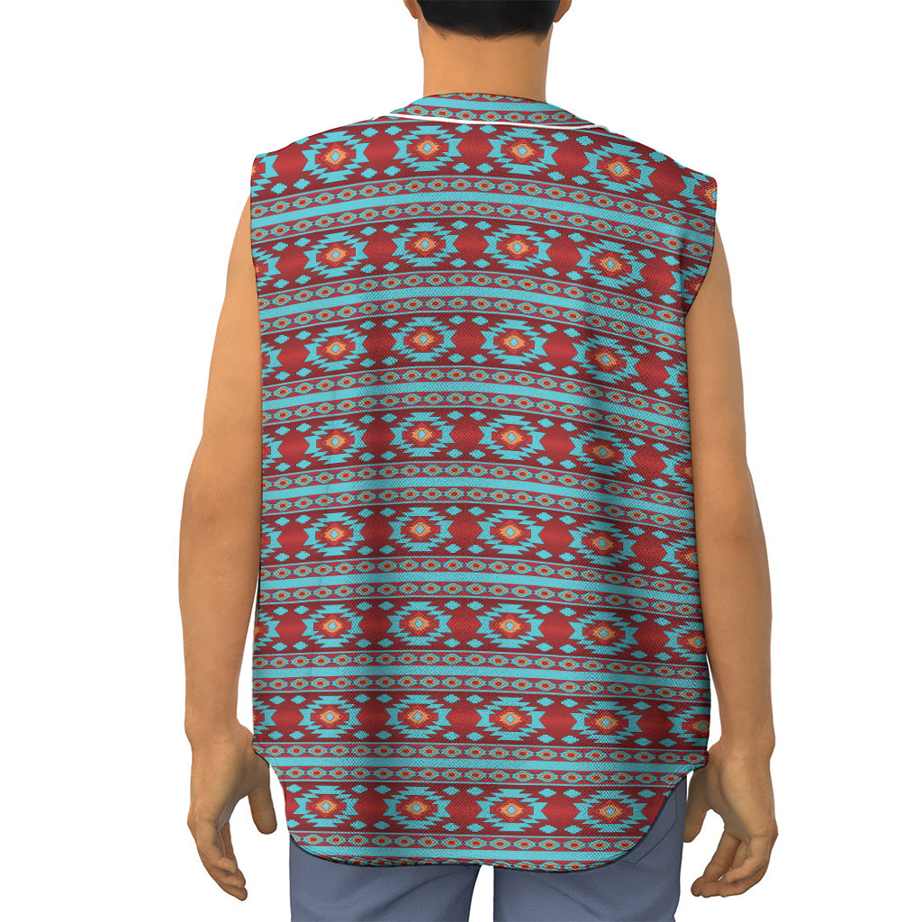 Red And Teal Southwestern Pattern Print Sleeveless Baseball Jersey