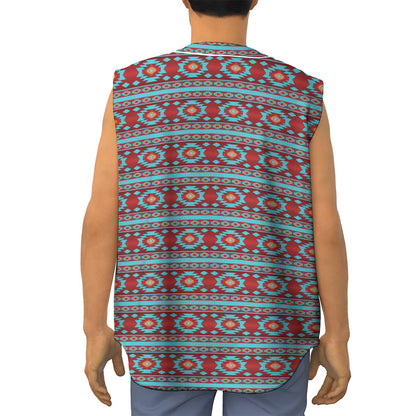 Red And Teal Southwestern Pattern Print Sleeveless Baseball Jersey