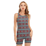 Red And Teal Southwestern Pattern Print Sleeveless One Piece Swimsuit