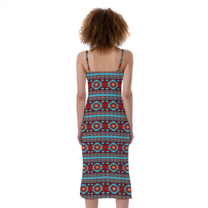 Red And Teal Southwestern Pattern Print Slim Fit Midi Cami Dress