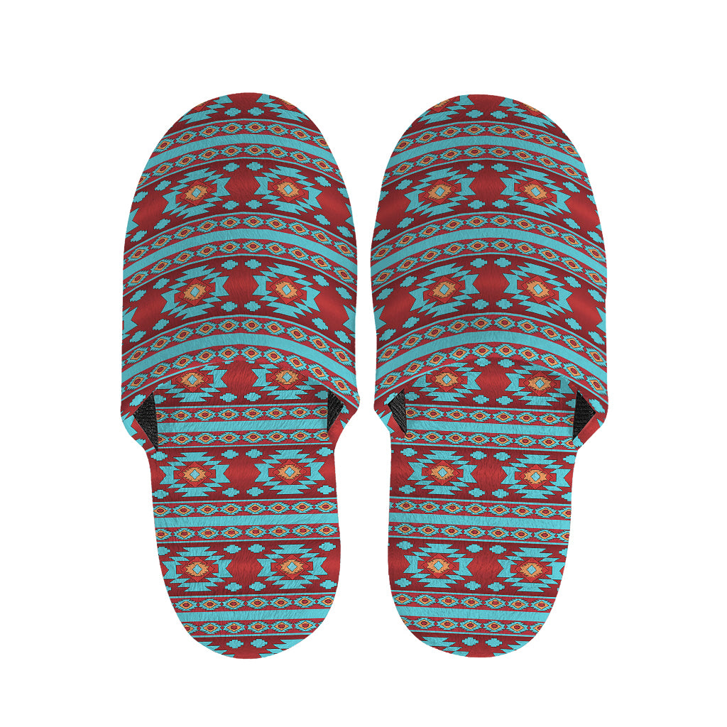 Red And Teal Southwestern Pattern Print Slippers