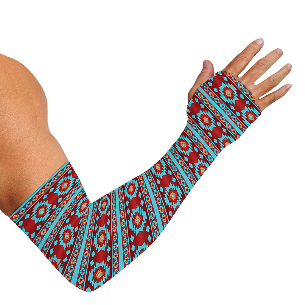 Red And Teal Southwestern Pattern Print Sun Protection Arm Sleeves