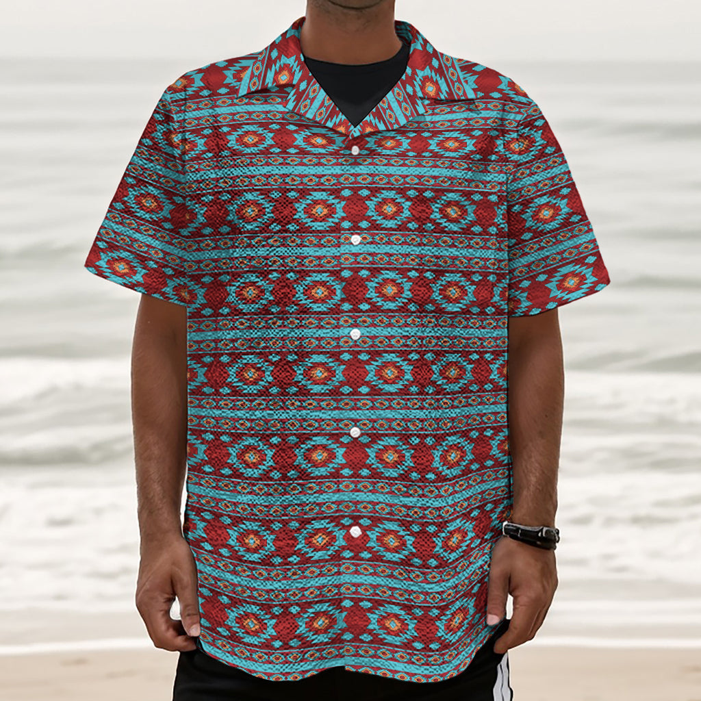 Red And Teal Southwestern Pattern Print Textured Short Sleeve Shirt