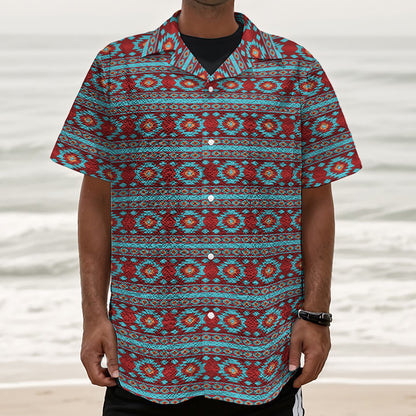 Red And Teal Southwestern Pattern Print Textured Short Sleeve Shirt