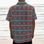 Red And Teal Southwestern Pattern Print Textured Short Sleeve Shirt