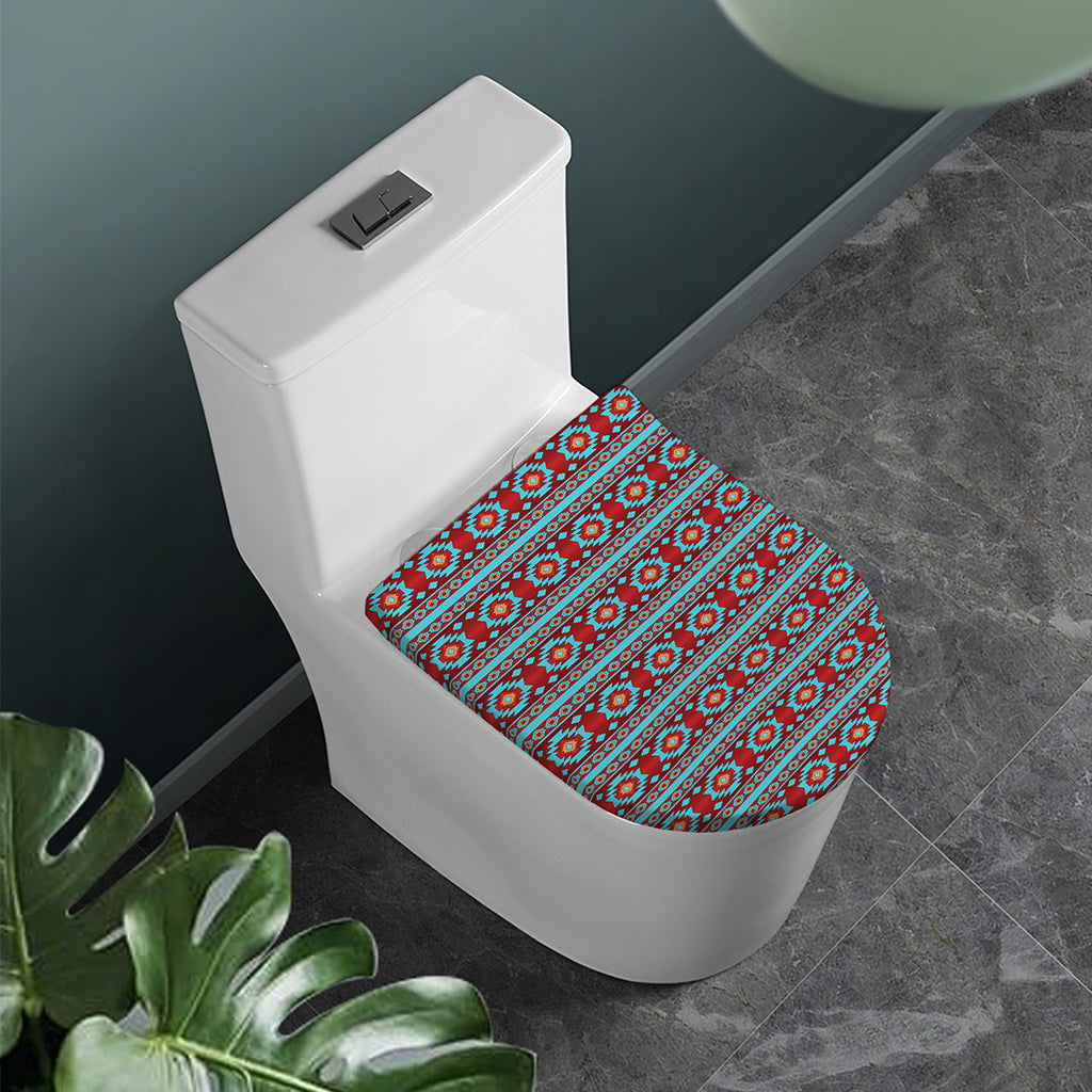 Red And Teal Southwestern Pattern Print Toilet Lid Cover