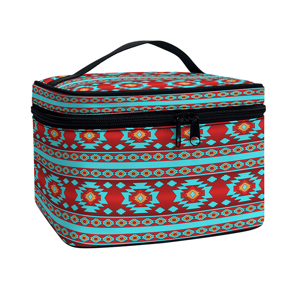 Red And Teal Southwestern Pattern Print Travel Makeup Bag