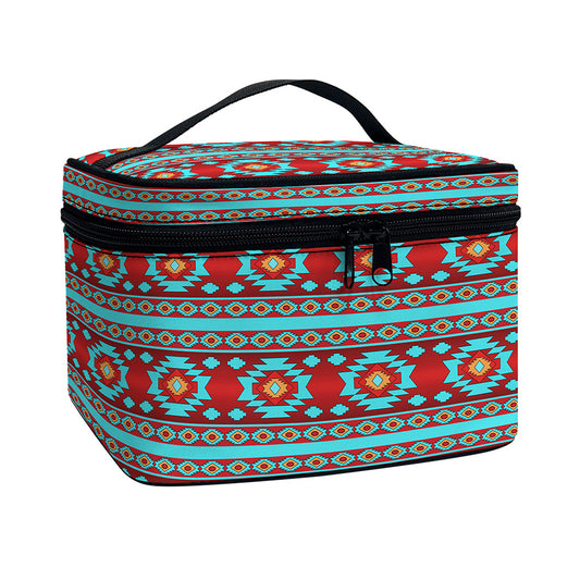 Red And Teal Southwestern Pattern Print Travel Makeup Bag