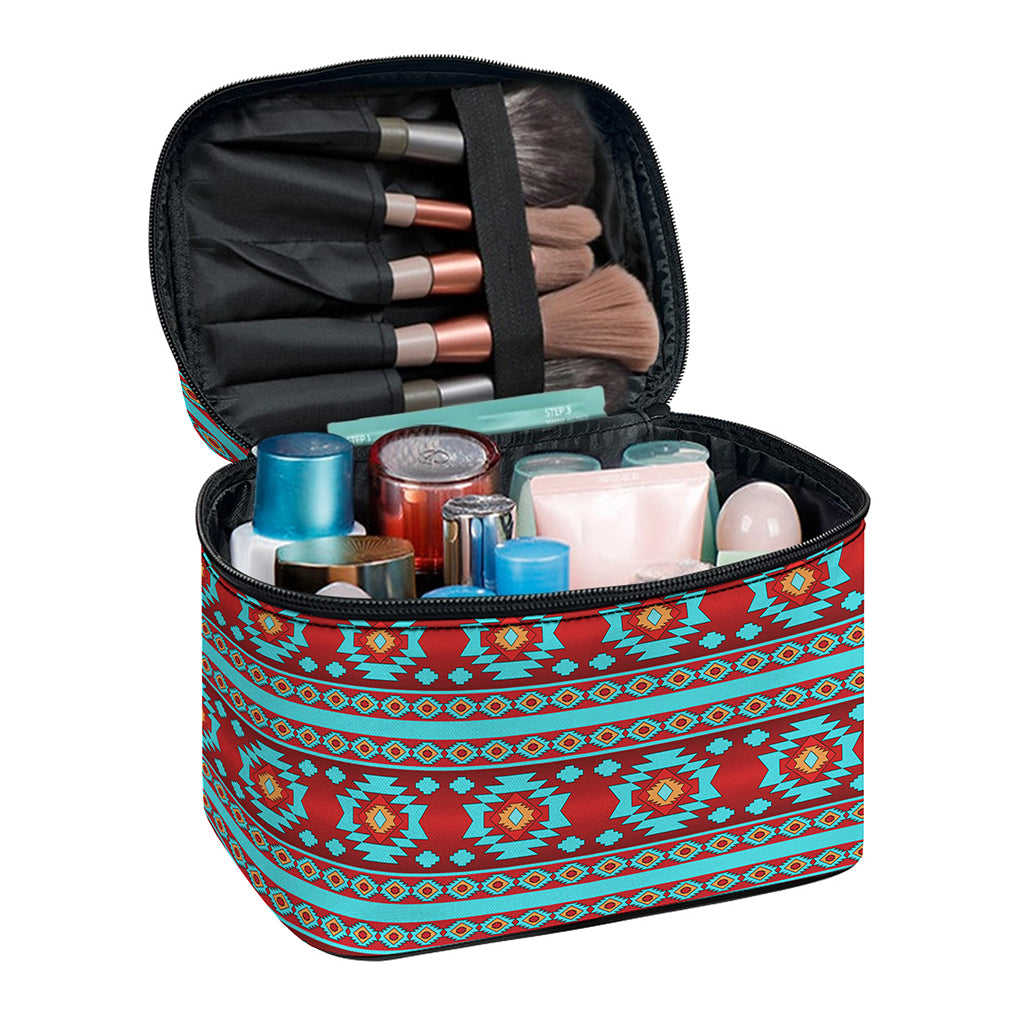Red And Teal Southwestern Pattern Print Travel Makeup Bag