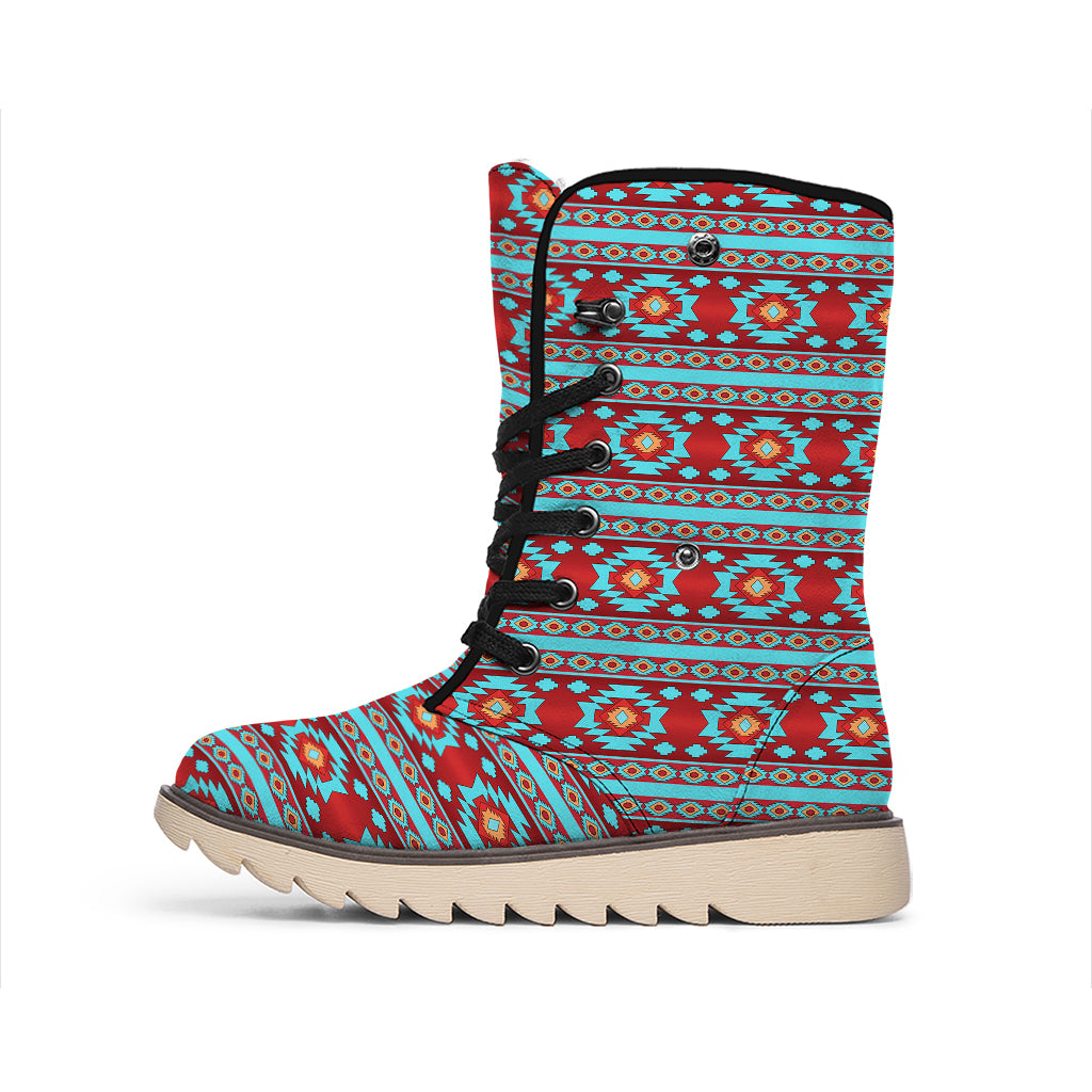 Red And Teal Southwestern Pattern Print Winter Boots