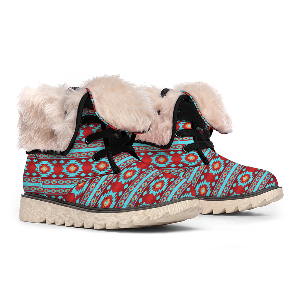 Red And Teal Southwestern Pattern Print Winter Boots