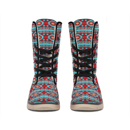 Red And Teal Southwestern Pattern Print Winter Boots