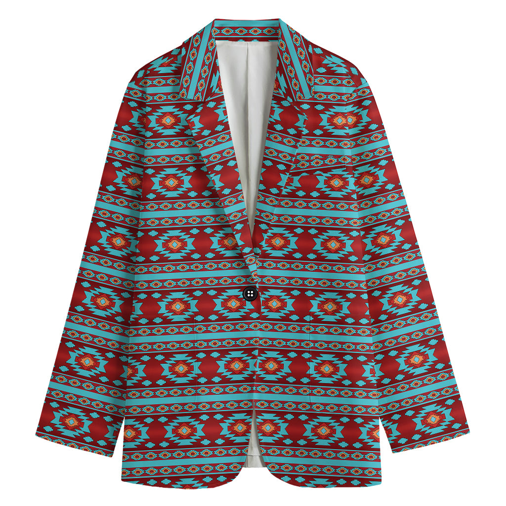 Red And Teal Southwestern Pattern Print Women's Blazer
