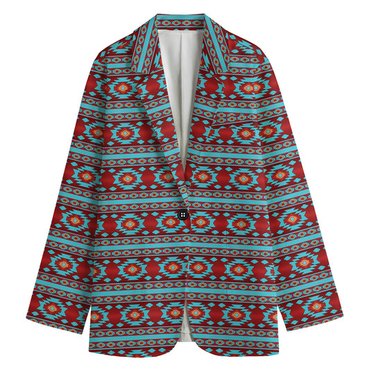 Red And Teal Southwestern Pattern Print Women's Blazer