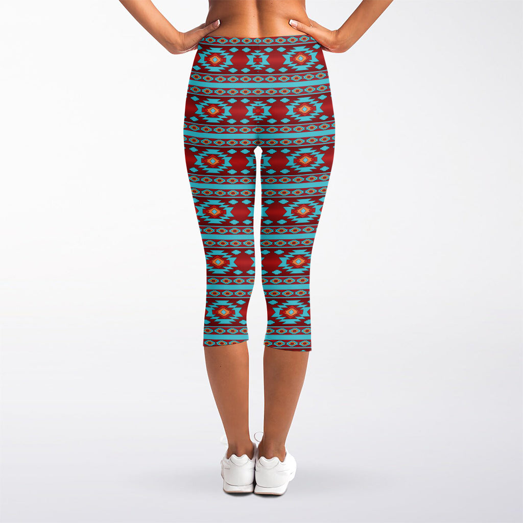Red And Teal Southwestern Pattern Print Women's Capri Leggings