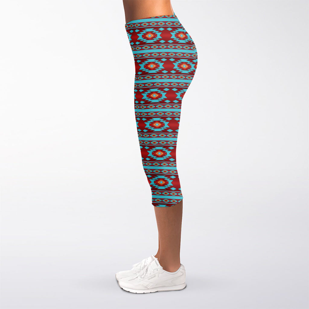 Red And Teal Southwestern Pattern Print Women's Capri Leggings