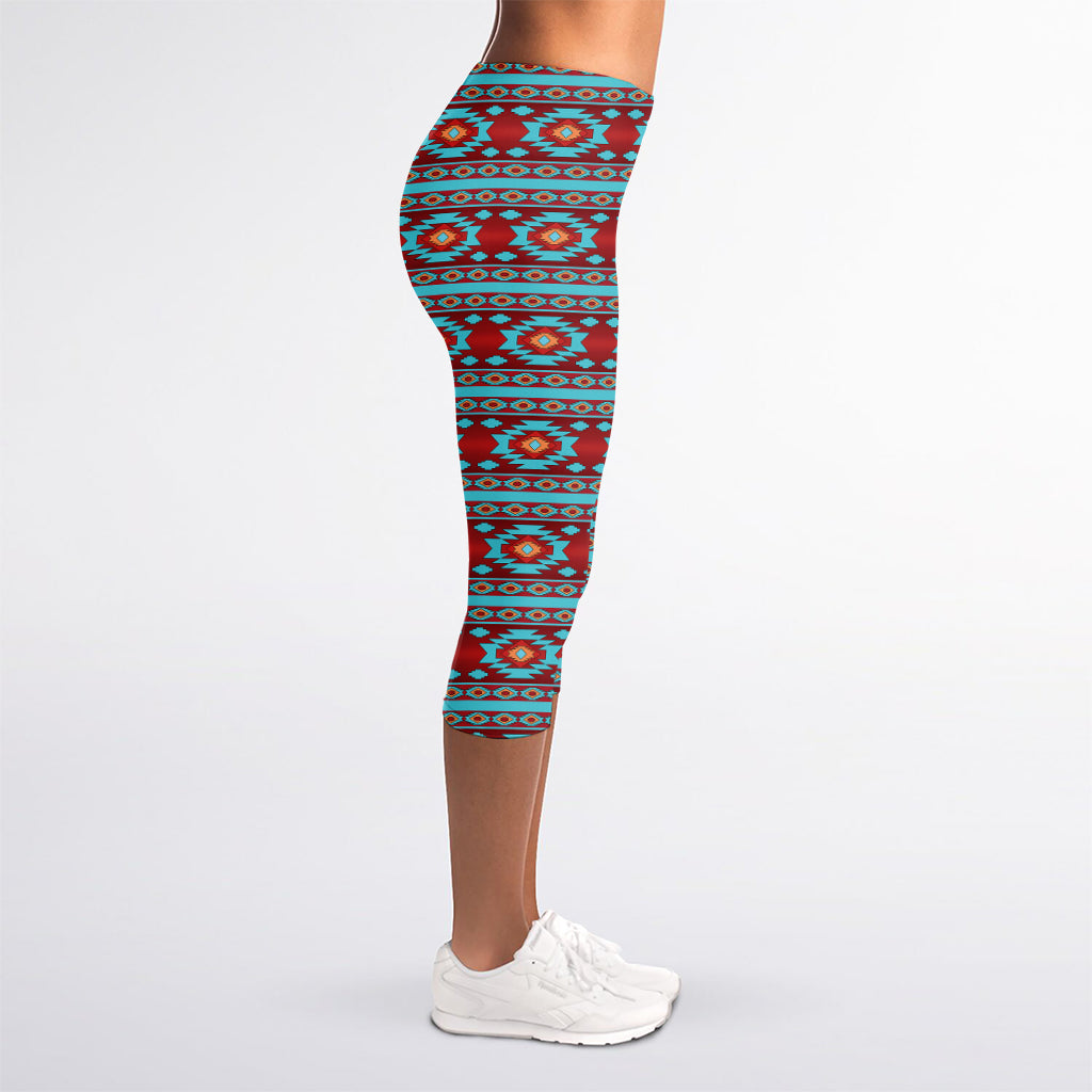 Red And Teal Southwestern Pattern Print Women's Capri Leggings