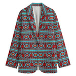 Red And Teal Southwestern Pattern Print Women's Cotton Blazer