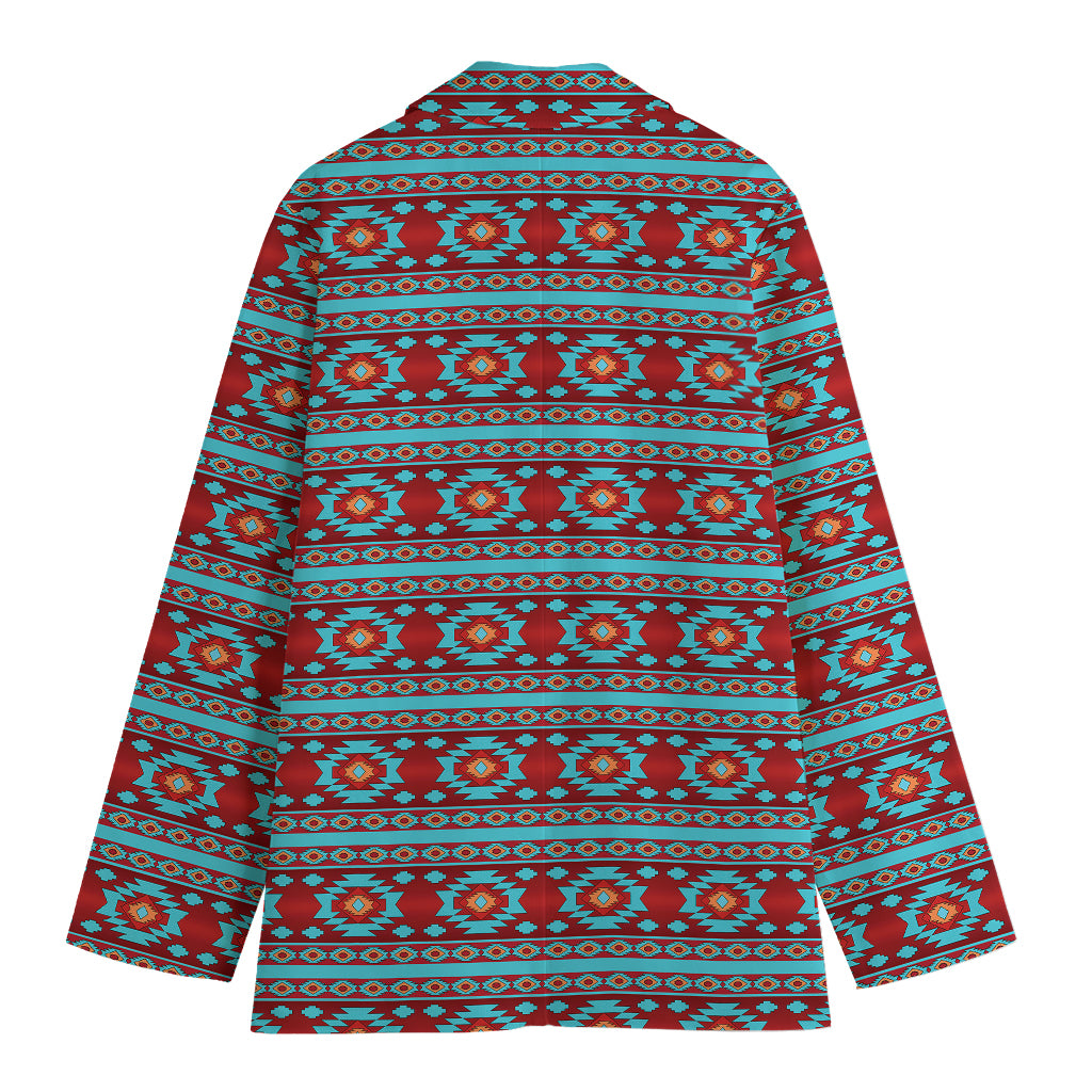 Red And Teal Southwestern Pattern Print Women's Cotton Blazer