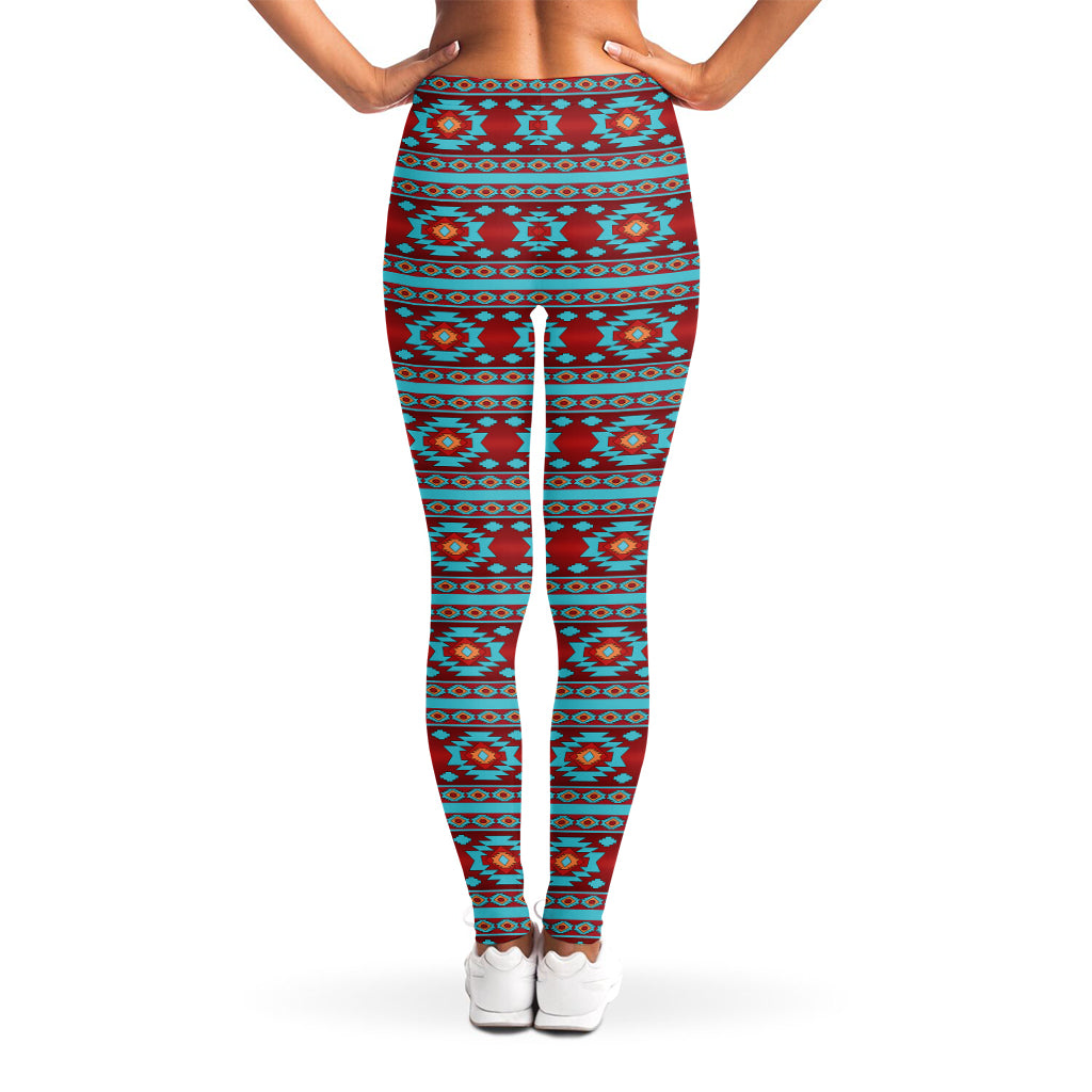 Red And Teal Southwestern Pattern Print Women's Leggings