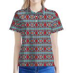 Red And Teal Southwestern Pattern Print Women's Polo Shirt