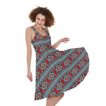 Red And Teal Southwestern Pattern Print Women's Sleeveless Dress
