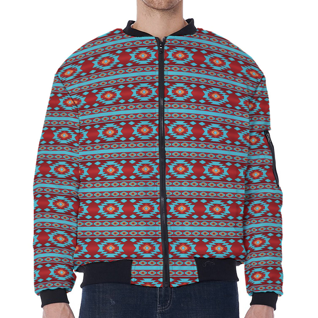 Red And Teal Southwestern Pattern Print Zip Sleeve Bomber Jacket