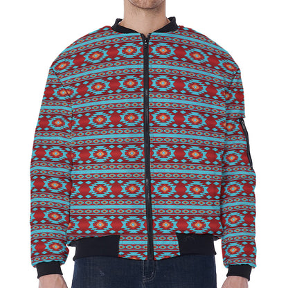 Red And Teal Southwestern Pattern Print Zip Sleeve Bomber Jacket