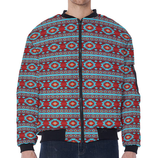 Red And Teal Southwestern Pattern Print Zip Sleeve Bomber Jacket