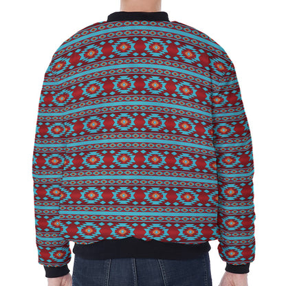 Red And Teal Southwestern Pattern Print Zip Sleeve Bomber Jacket