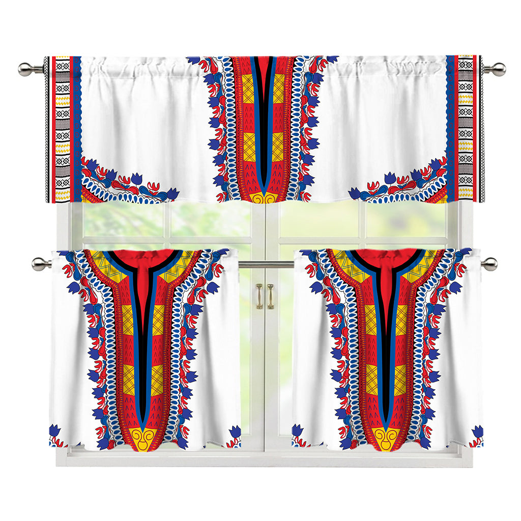 Red And White African Dashiki Print 3 Piece Kitchen Curtains