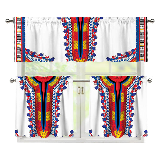 Red And White African Dashiki Print 3 Piece Kitchen Curtains