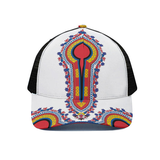 Red And White African Dashiki Print Black Mesh Trucker Cap