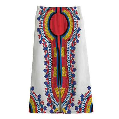 Red And White African Dashiki Print Cotton Front Slit Maxi Skirt