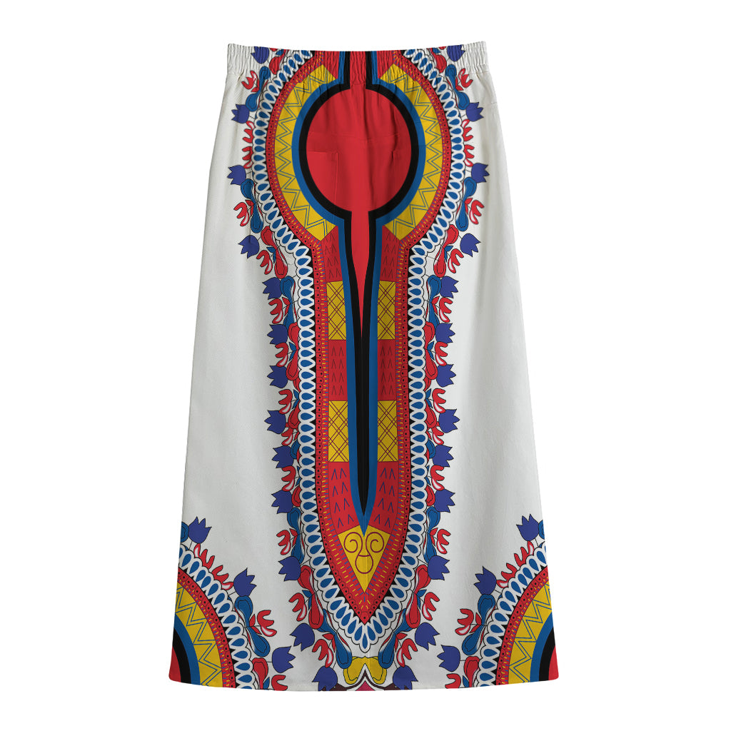 Red And White African Dashiki Print Cotton Front Slit Maxi Skirt