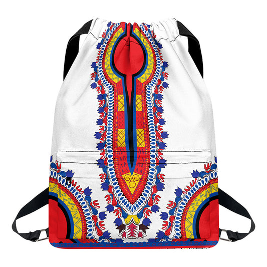 Red And White African Dashiki Print Drawstring Backpack
