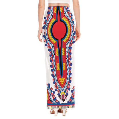 Red And White African Dashiki Print High Slit Maxi Skirt