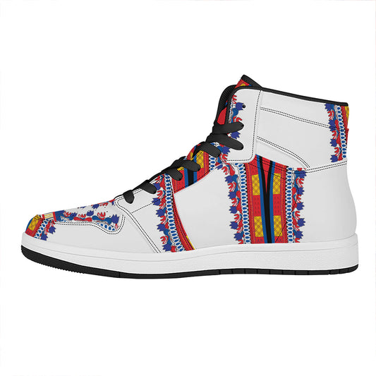 Red And White African Dashiki Print High Top Leather Sneakers