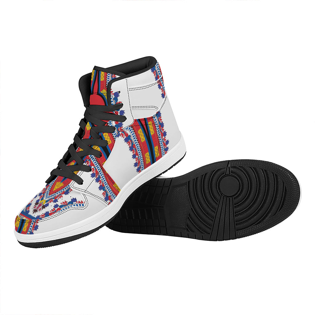 Red And White African Dashiki Print High Top Leather Sneakers