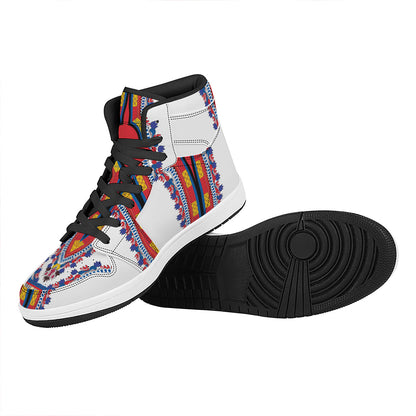 Red And White African Dashiki Print High Top Leather Sneakers