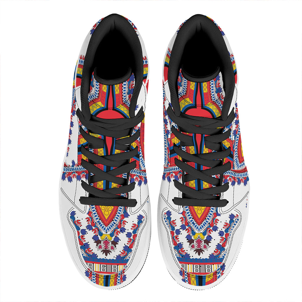 Red And White African Dashiki Print High Top Leather Sneakers