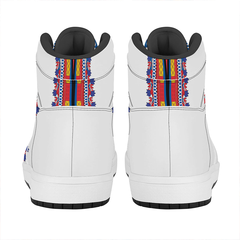 Red And White African Dashiki Print High Top Leather Sneakers
