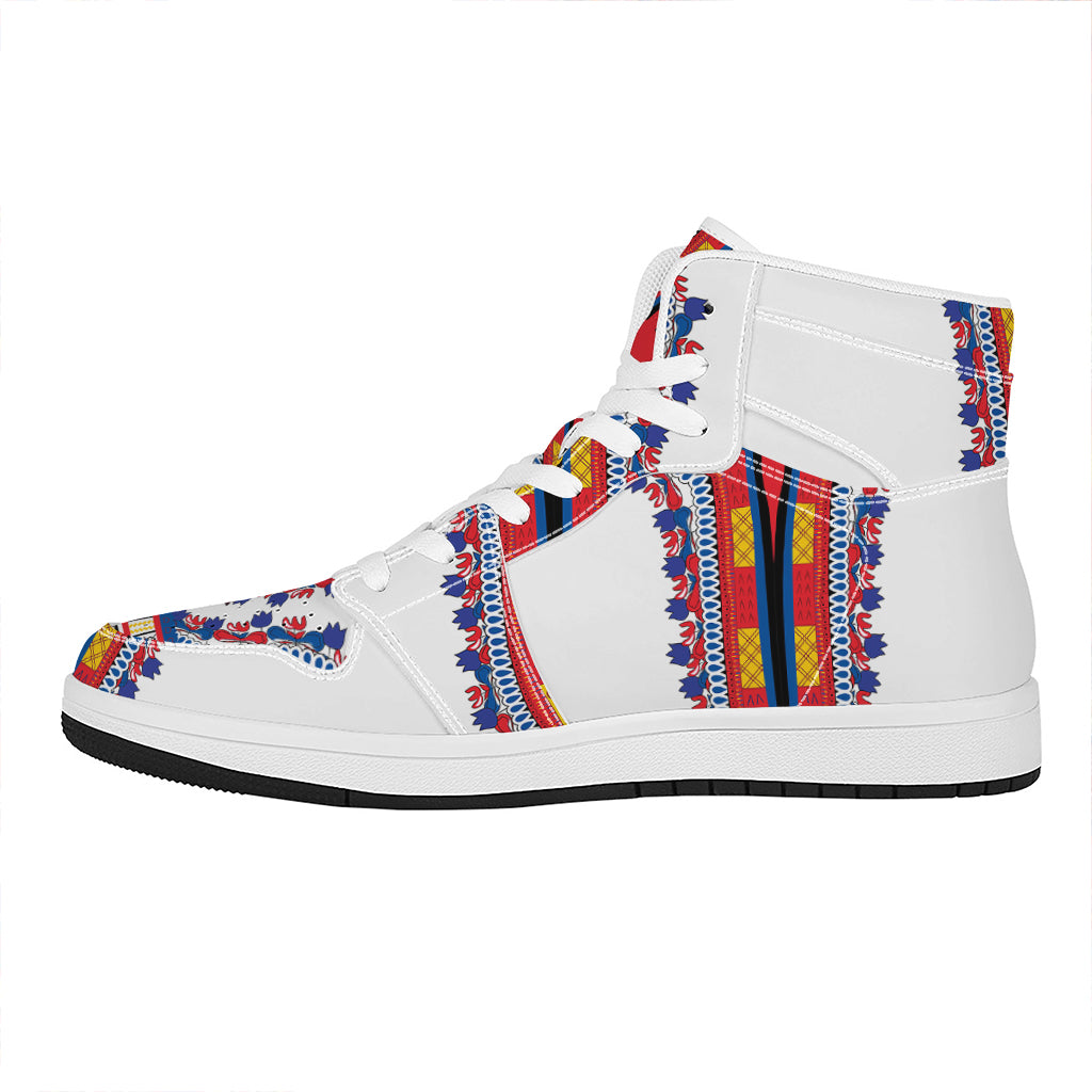 Red And White African Dashiki Print High Top Leather Sneakers