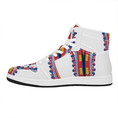 Red And White African Dashiki Print High Top Leather Sneakers