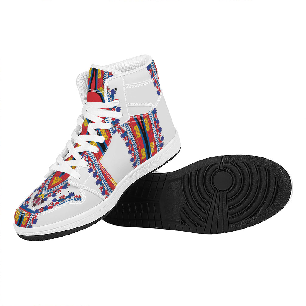 Red And White African Dashiki Print High Top Leather Sneakers