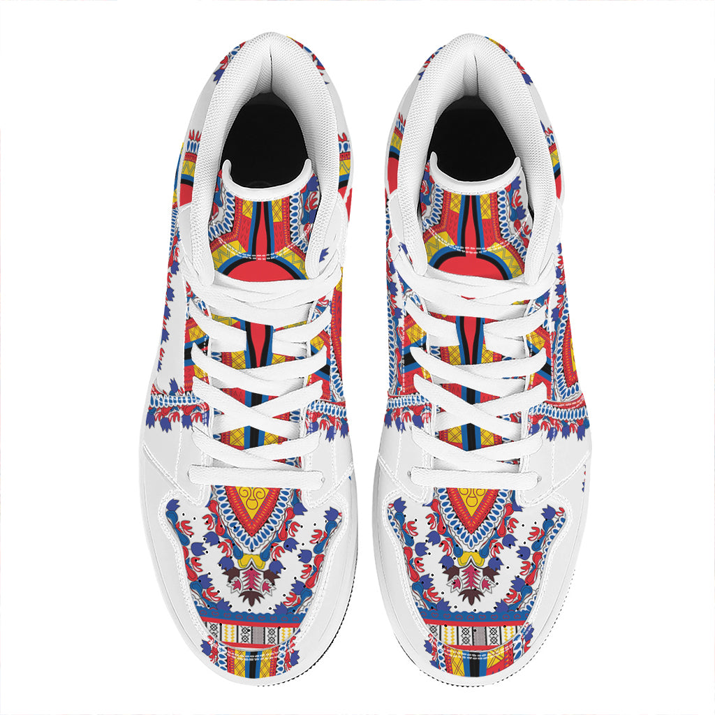 Red And White African Dashiki Print High Top Leather Sneakers