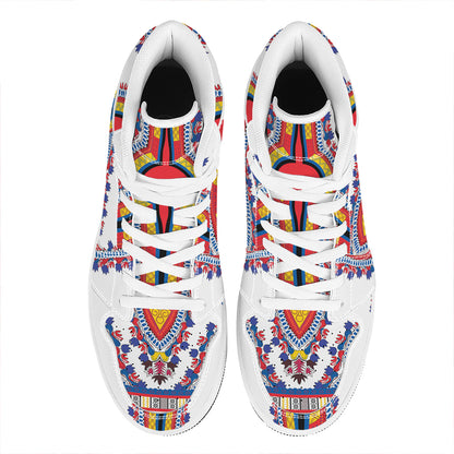 Red And White African Dashiki Print High Top Leather Sneakers