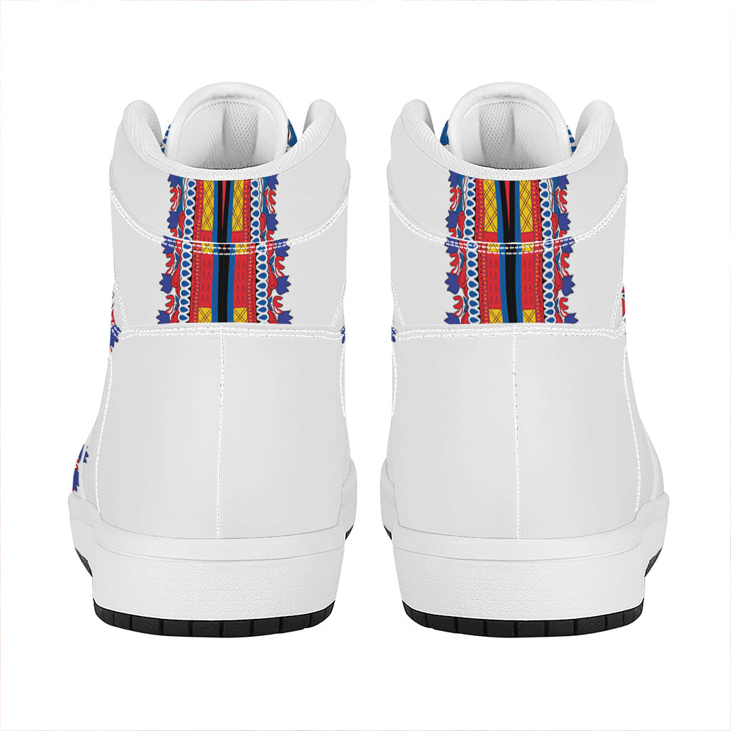Red And White African Dashiki Print High Top Leather Sneakers