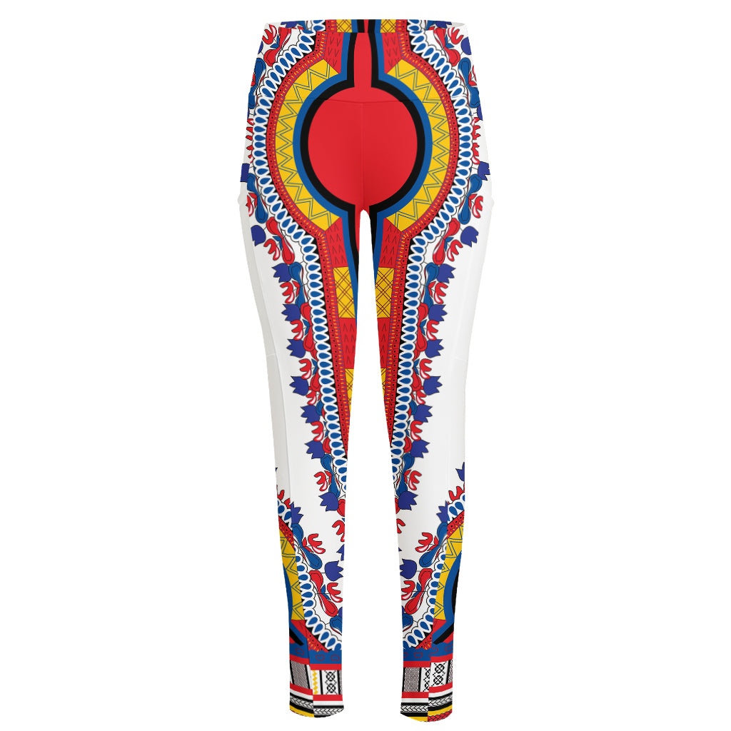 Red And White African Dashiki Print High-Waisted Pocket Leggings